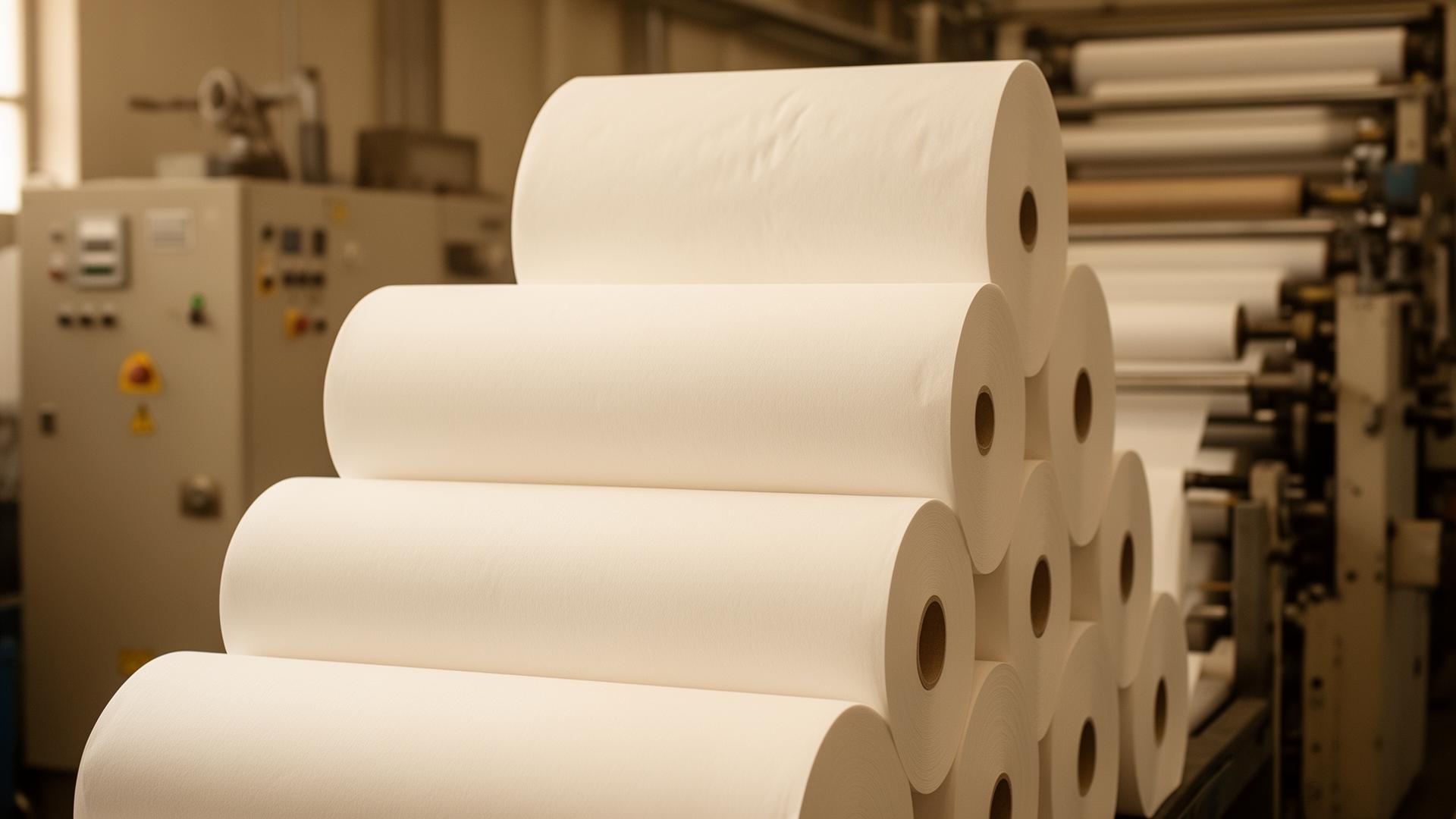 Stacked jumbo tissue rolls inside the Sana Paper mill